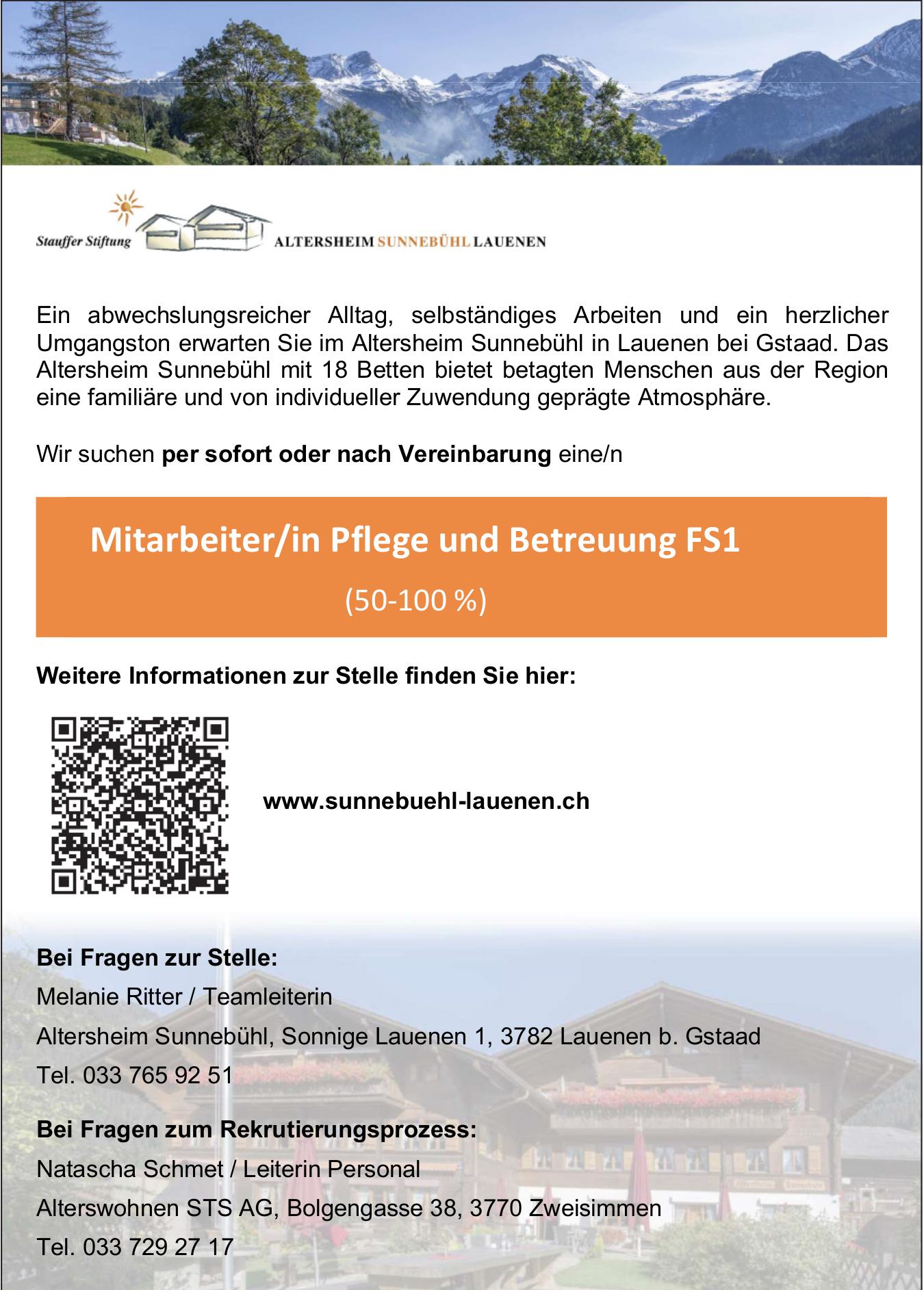 Mitarbeiter/in Pflege und Betreuung FS1, Altersheim Sunnebühl, Lauenen b. Gstaad, gesucht