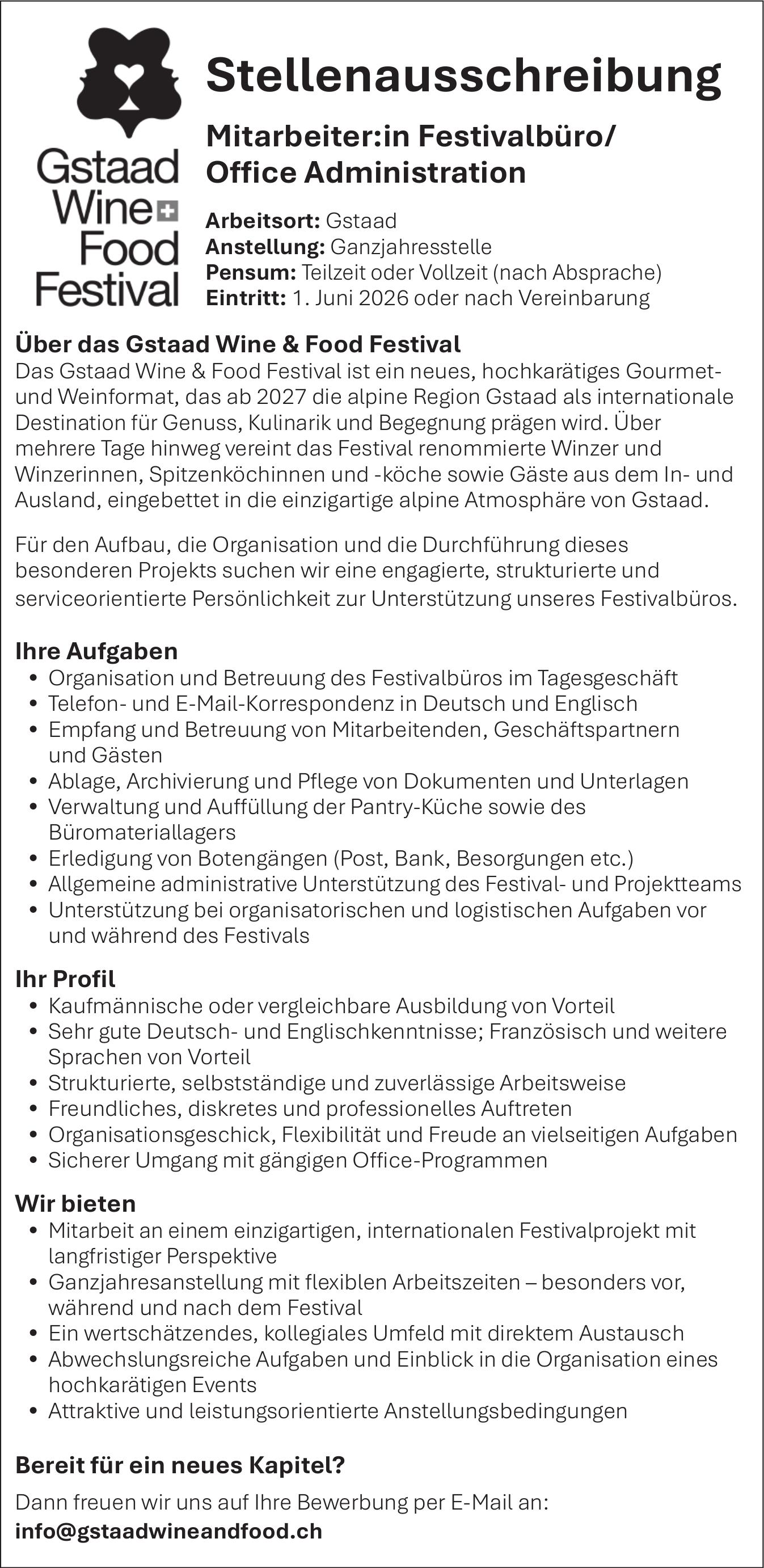 Mitarbeiter:in Festivalbüro/ Office Administration, Gstaad Wine + Food Festival, Gesucht