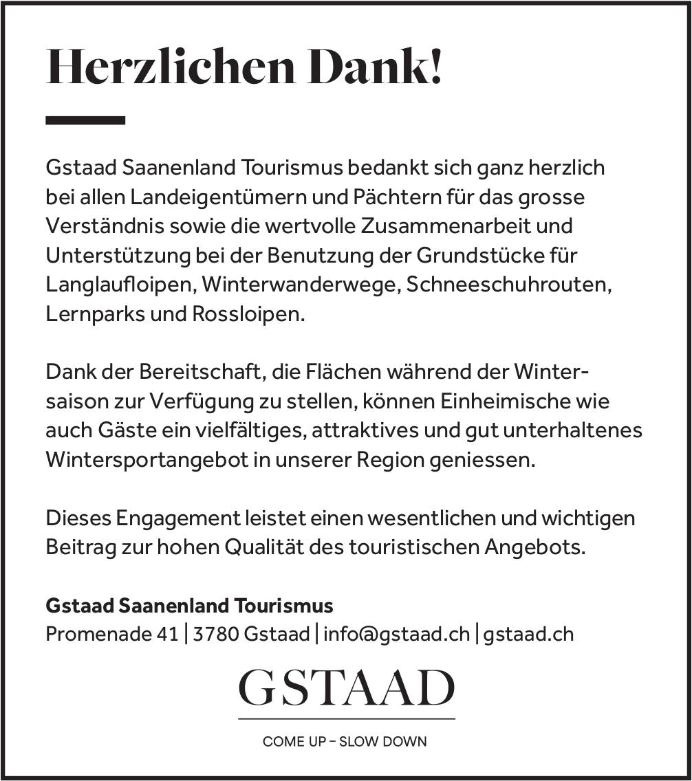 Gstaad Saanenland Tourismus, Herzlichen Dank!