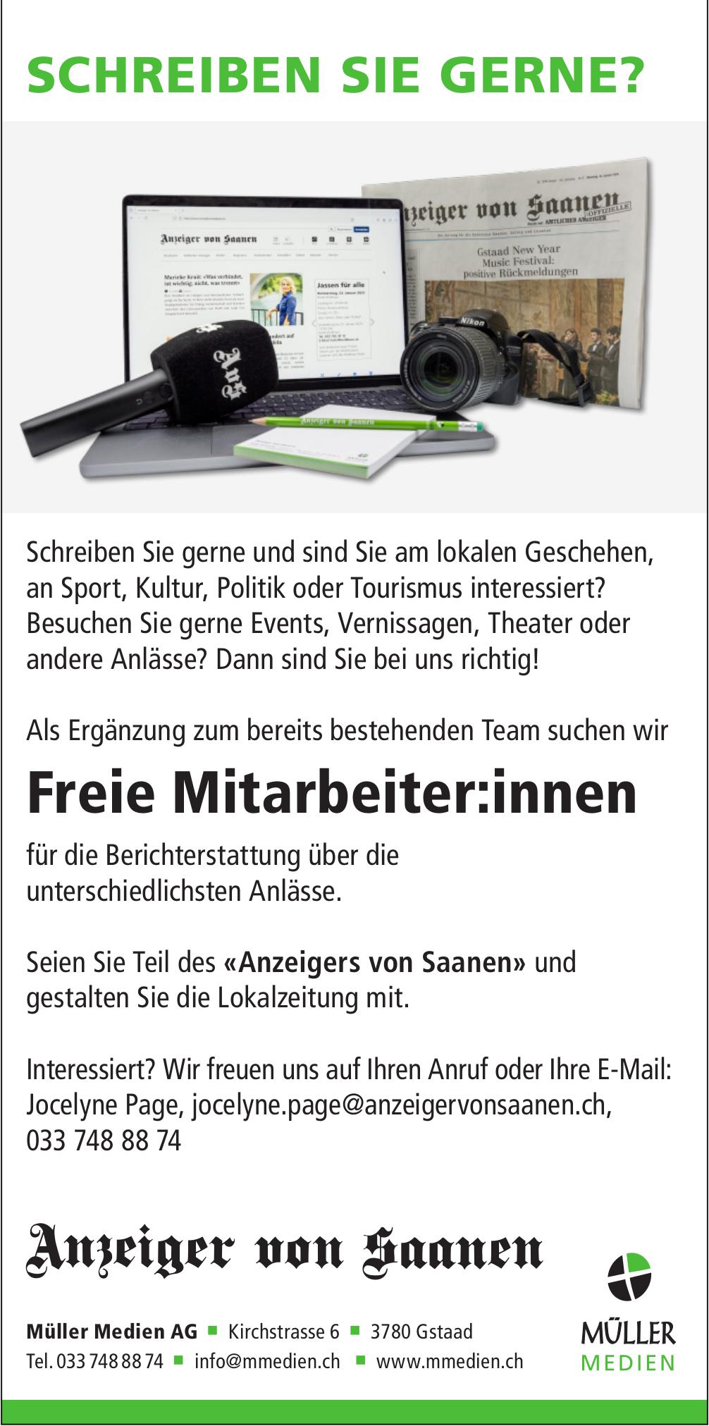Freie Mitarbeiter:innen, Müller Medien AG, Gstaad, gesucht