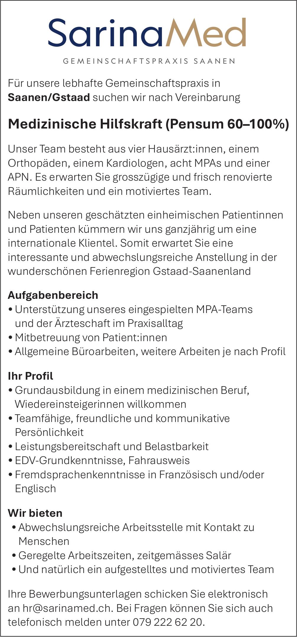 Medizinische Hilfskraft (Pensum 60–100%), SarinaMed, Gesucht