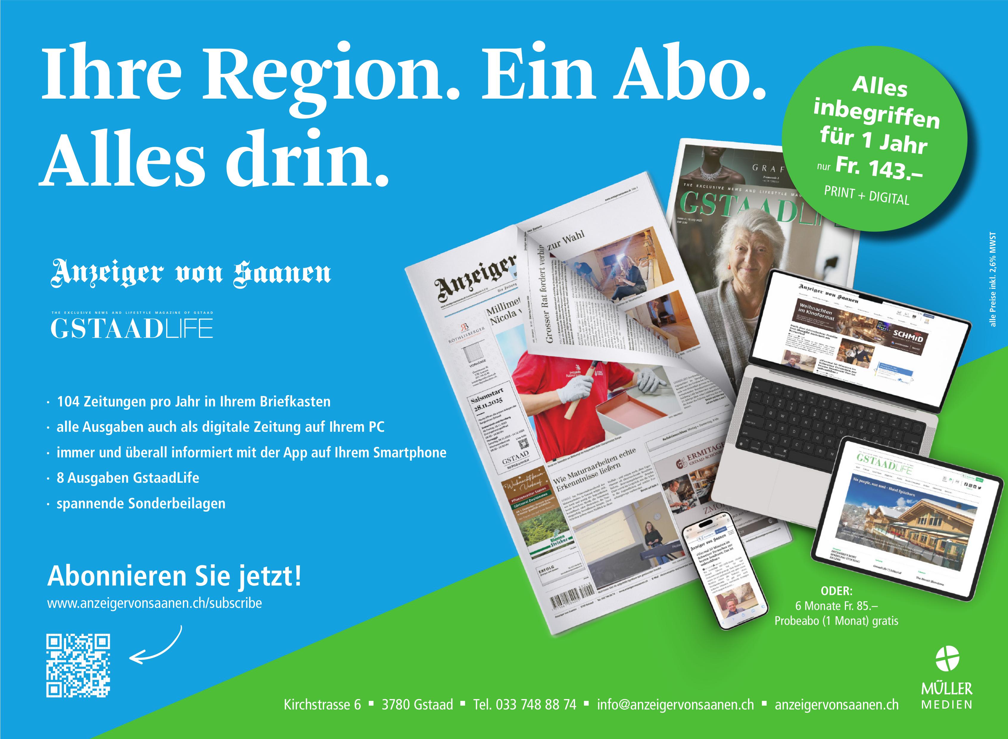 Anzeiger von Saanen, Gstaad - Ihre Region. Ein Abo. Alles drin.