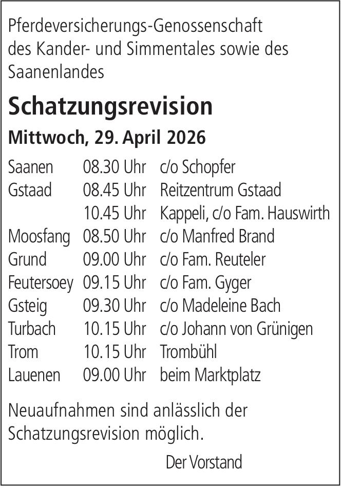Sonstiges, Kander- und Simmental, Saanenland - Pferdeversicherungs-Genossenschaft, Schatzungsrevision