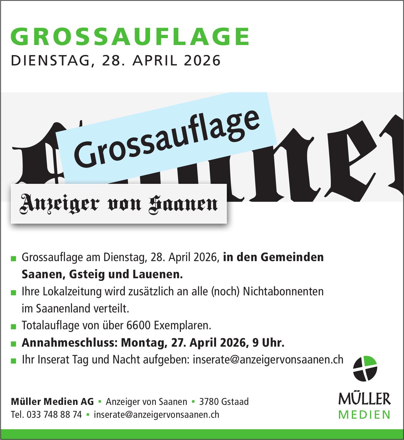 Müller Medien AG, Gstaad - Grossauflage am Dienstag, 28. April 2026, in den Gemeinden Saanen, Gsteig und Lauenen.