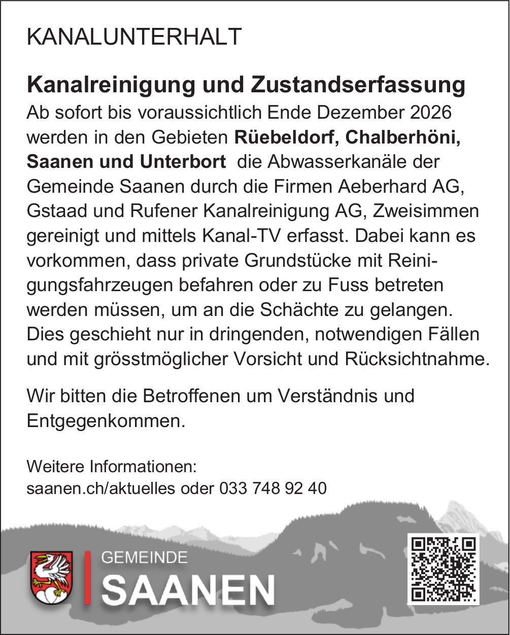 Lokale Gemeinschaft, Gemeinde Saanen, Kanalreinigung und Zustandserfassung