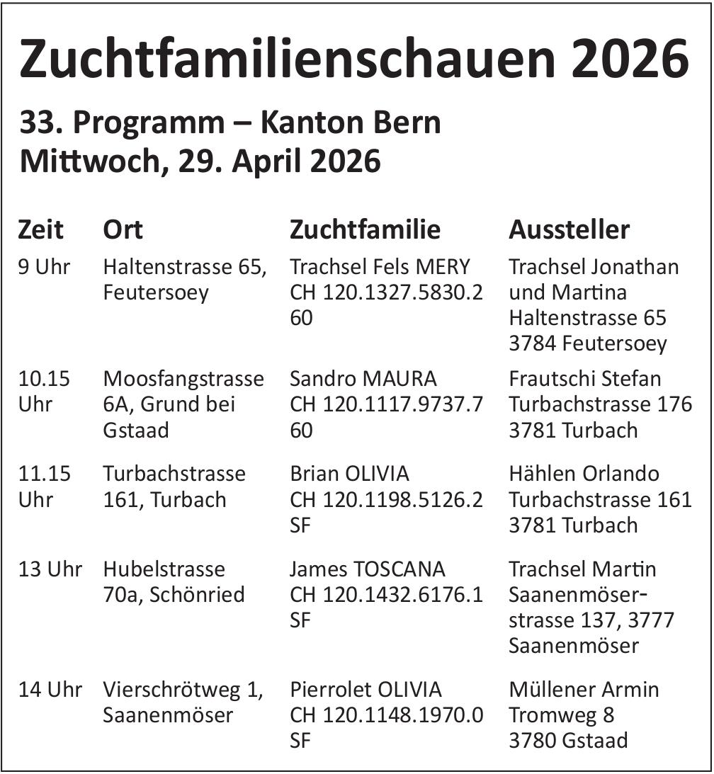 Zuchtfamilienschauen 2026 - Kanton Bern, 29. April