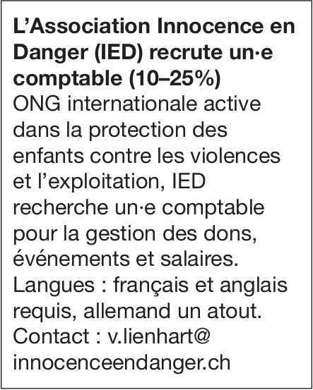 un·e comptable (10–25%), L’Association Innocence en Danger (IED), Gesucht