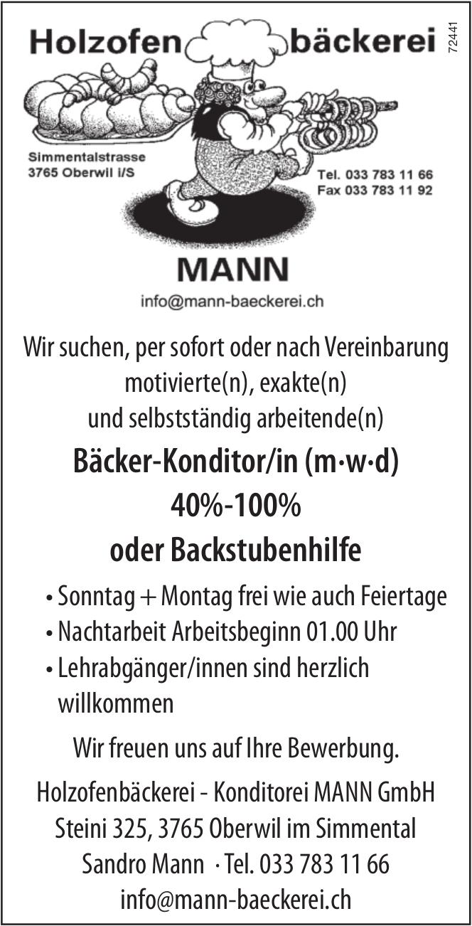 Bäcker-Konditor/in (m·w·d) 40%-100% oder Backstubenhilfe, Holzofenbäckerei - Konditorei MANN GmbH, Oberwil im Simmental, gesucht