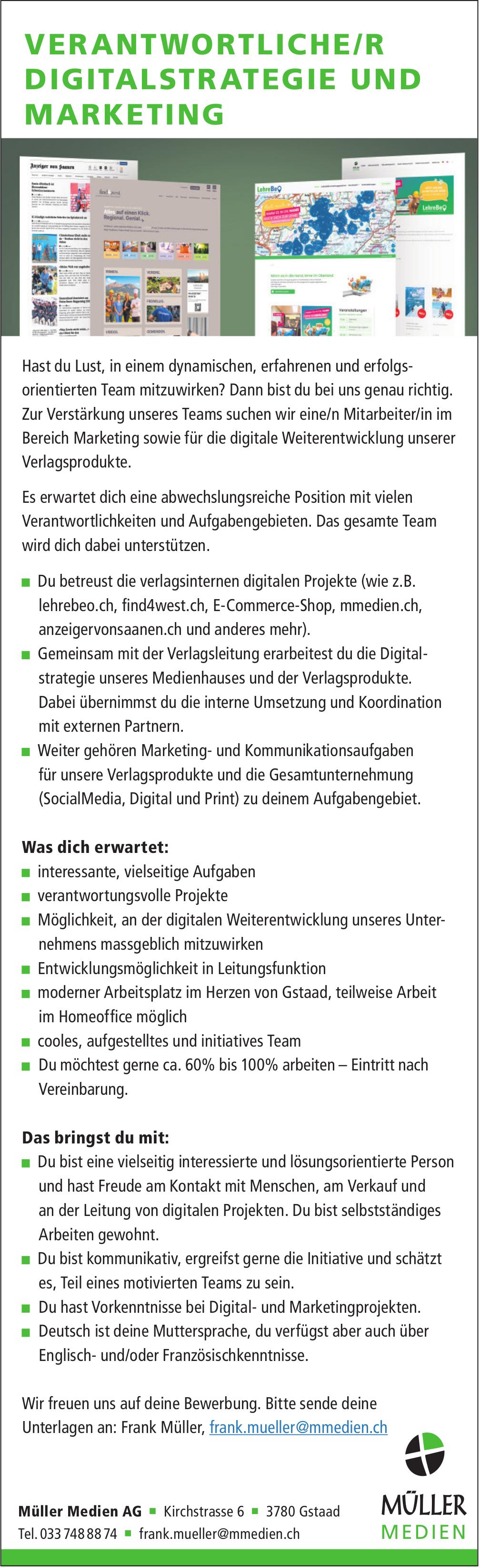 VER ANT WORTLIC HE / R DIGITALSTR ATEGIE UND MARKETING, Müller Medien AG, Gstaad, gesucht