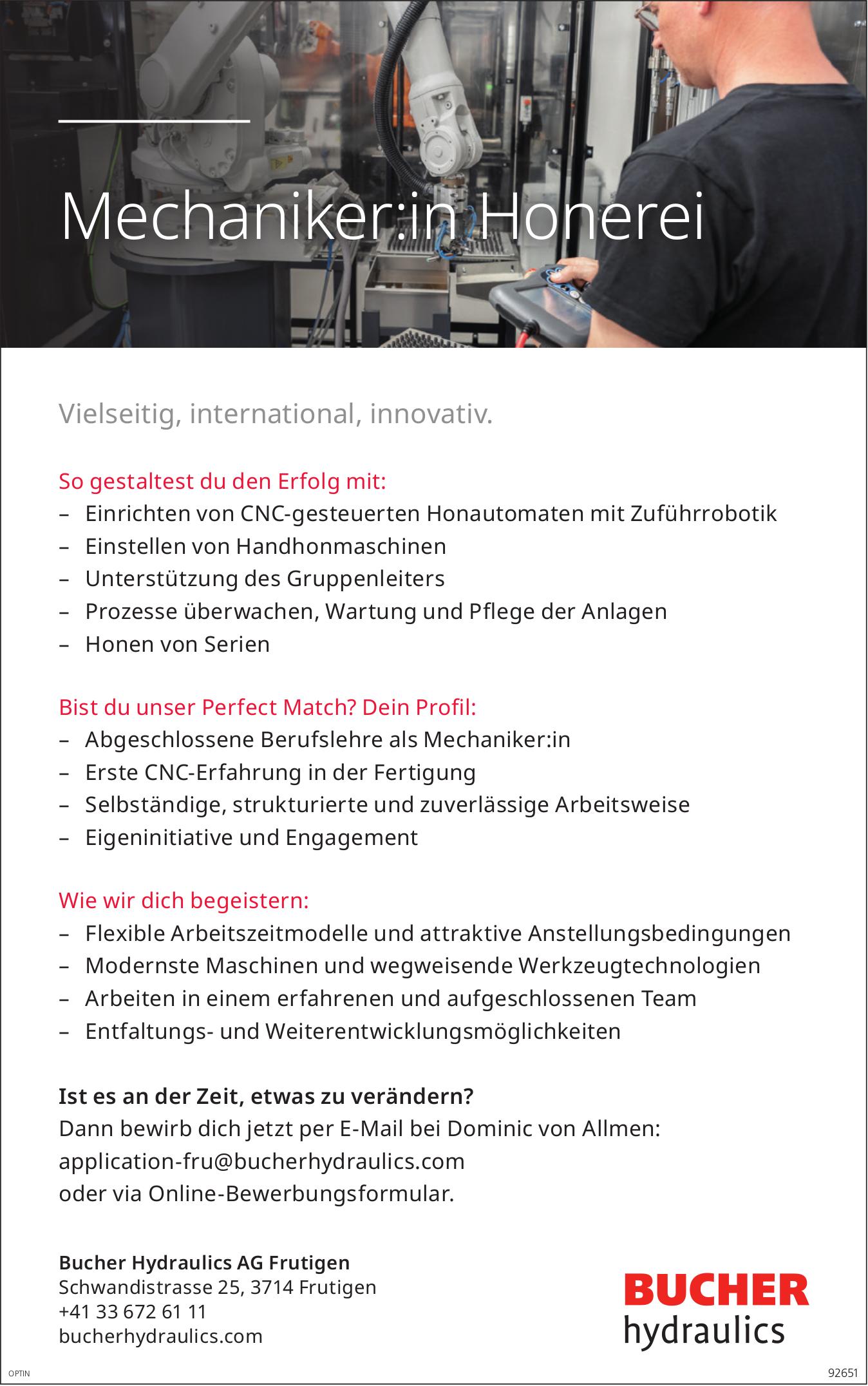 Mechaniker:in Honerei, Bucher Hydraulics AG, Frutigen, gesucht