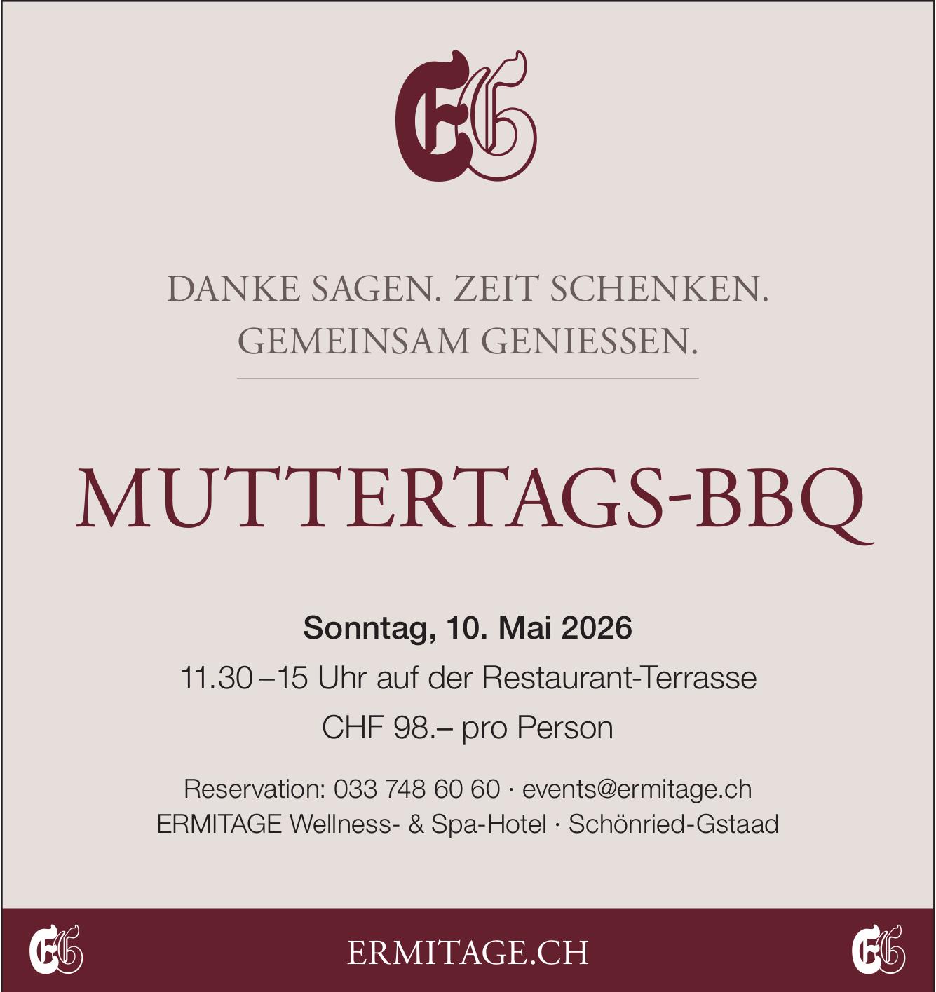 MUTTERTAGS-BBQ, 10. Mai, Ermitage Wellness- & Spa-Hotel, Schönried-Gstaad