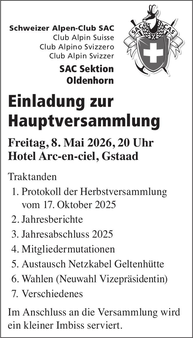 Einladung zur Hauptversammlung, 8. Mai, Hotel Arc-en-ciel, Gstaad