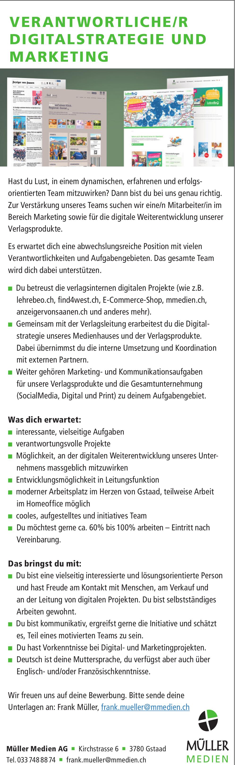 VERANTWORTLICHE/R DIGITALSTRATEGIE UND MARKETING, Müller Medien AG, Gstaad, gesucht
