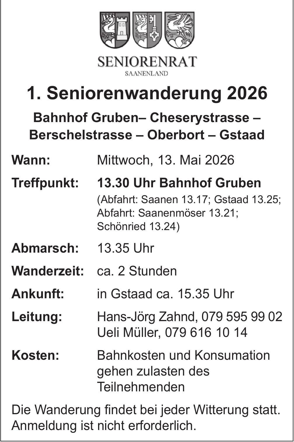 1. Seniorenwanderung 2026, 13. Mai