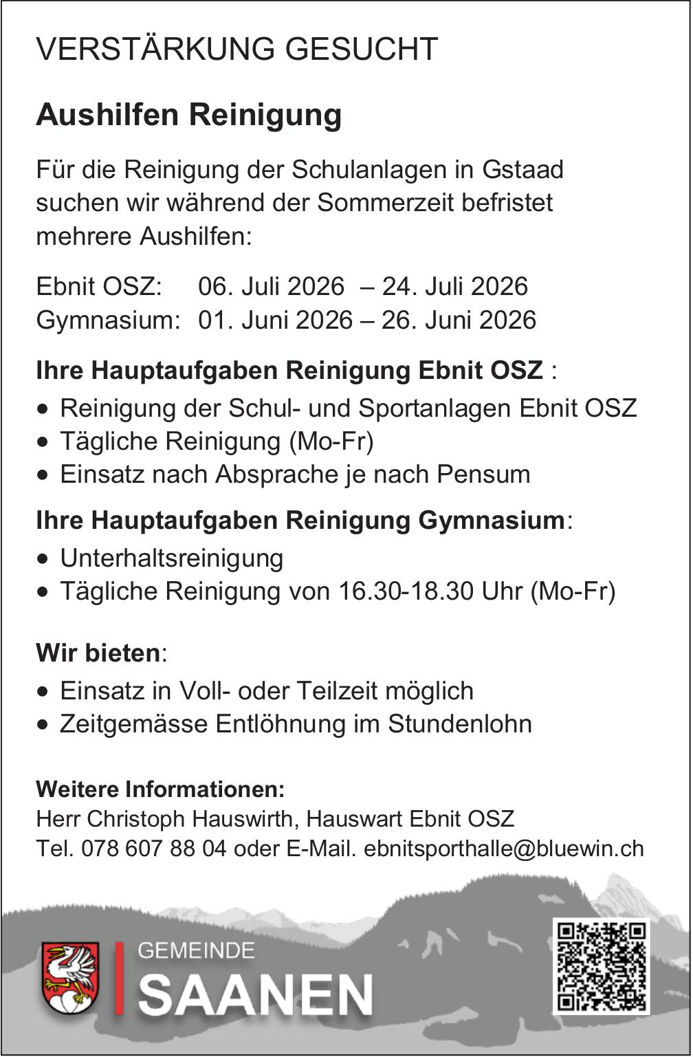 Aushilfen Reinigung, Gemeinde Saanen, Gesucht