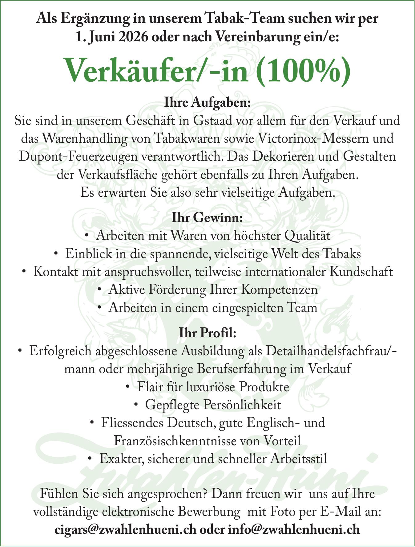 Verkäufer/-in (100%), Zwahlen-Hüni, gesucht