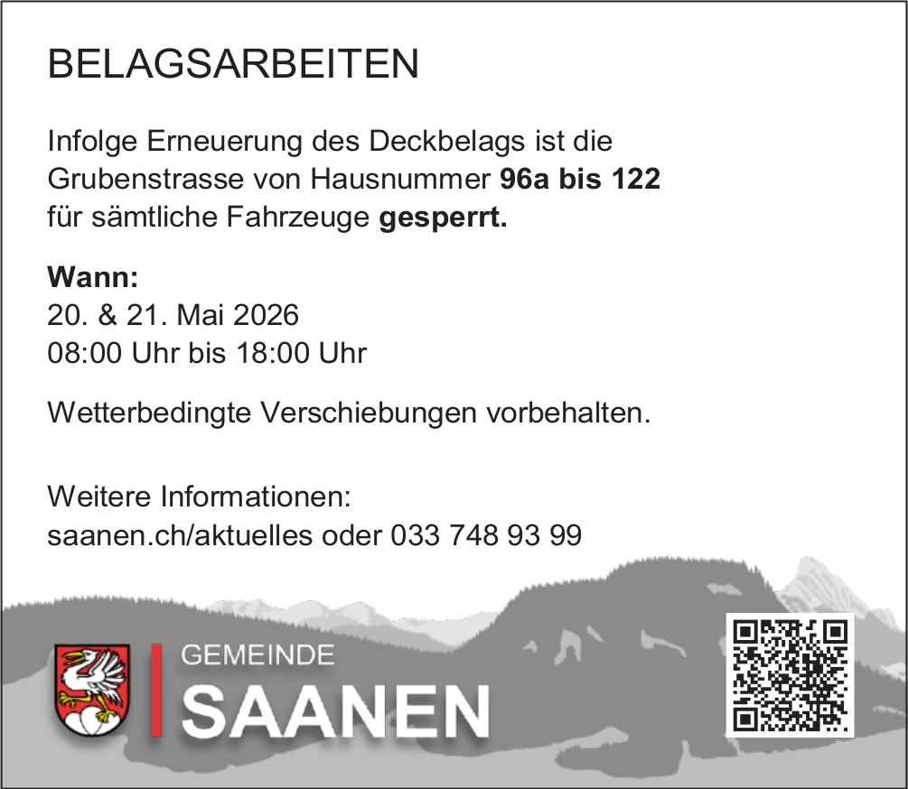 Verkehrsmaßnahmen / Wartungsarbeiten, GEMEINDE SAANEN, BELAGSARBEITEN