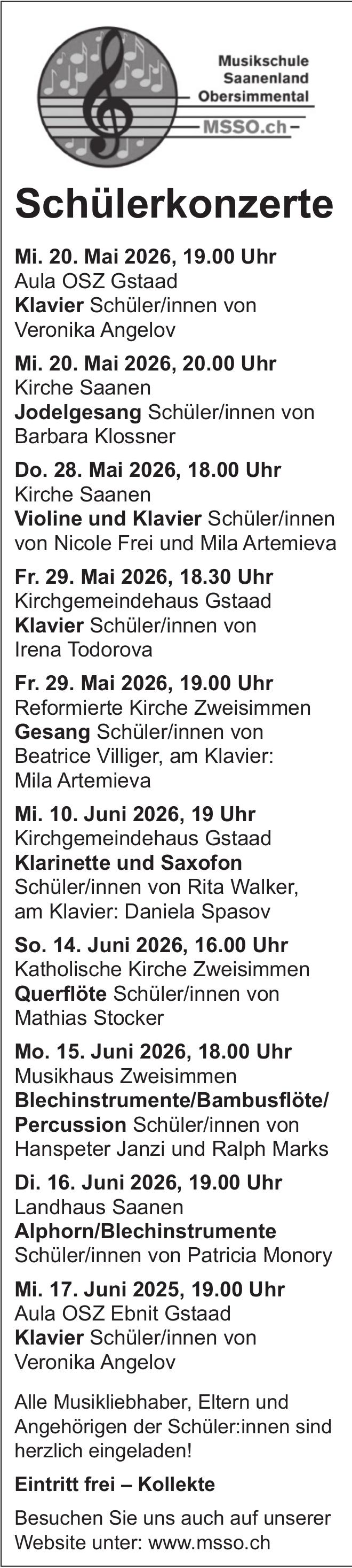 Schülerkonzerte, 20. Mai - 17. Juni, Aula OSZ Gstaad