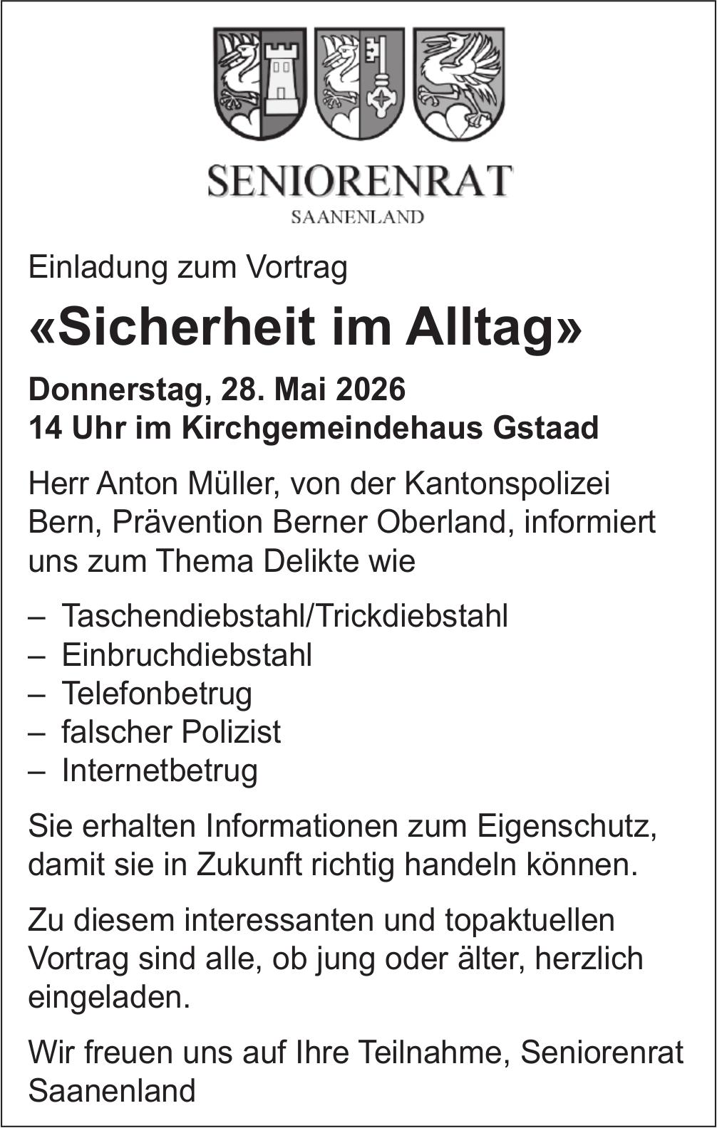 Sicherheit im Alltag, 28. Mai, Kirchgemeindehaus Gstaad