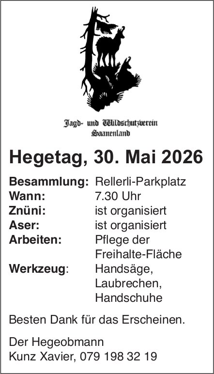 Hegetag, 30. Mai 2026, 30. Mai, Rellerli-Parkplatz