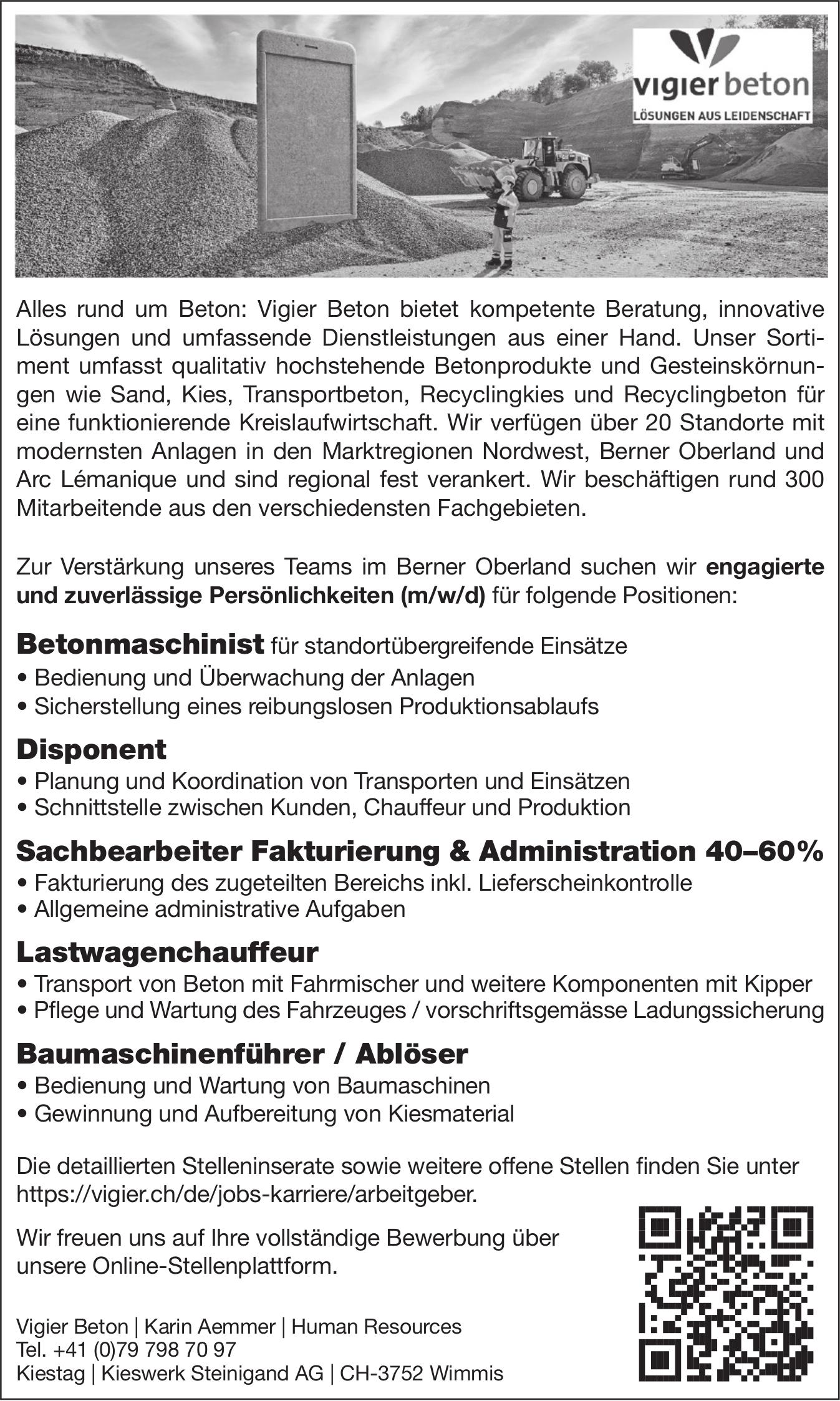 Betonmaschinist | Disponent |Sachbearbeiter Fakturierung & Administration 40–60% | Lastwagenchauffeur Baumaschinenführer / Ablöser, Kiestag Kieswerk Steinigand AG, Wimmis, gesucht