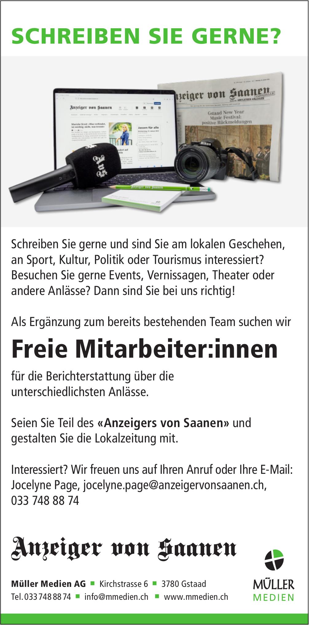 Freie Mitarbeiter:innen, Müller Medien AG, Gstaad, gesucht