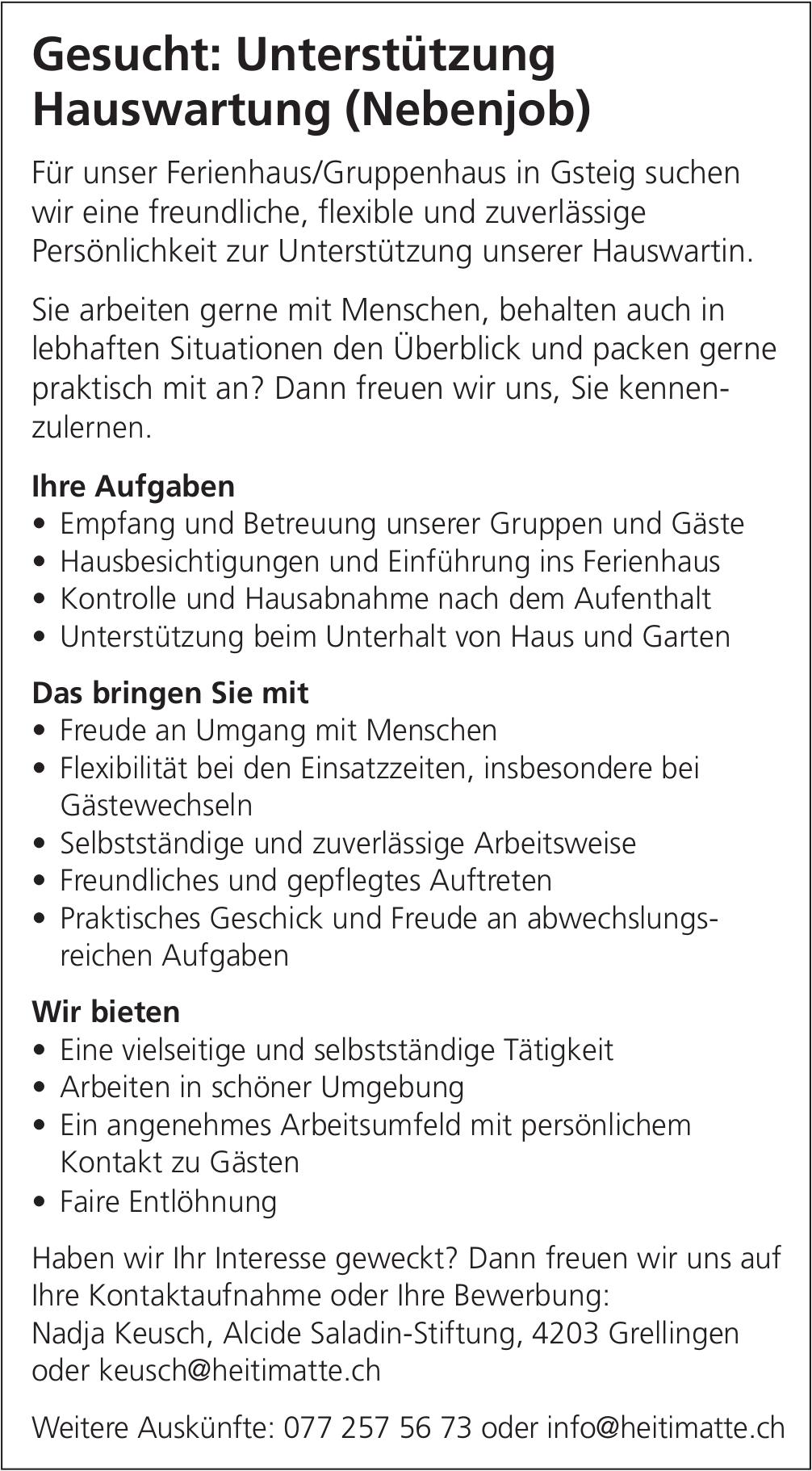 Gesucht: Unterstützung Hauswartung (Nebenjob), Gsteig, gesucht