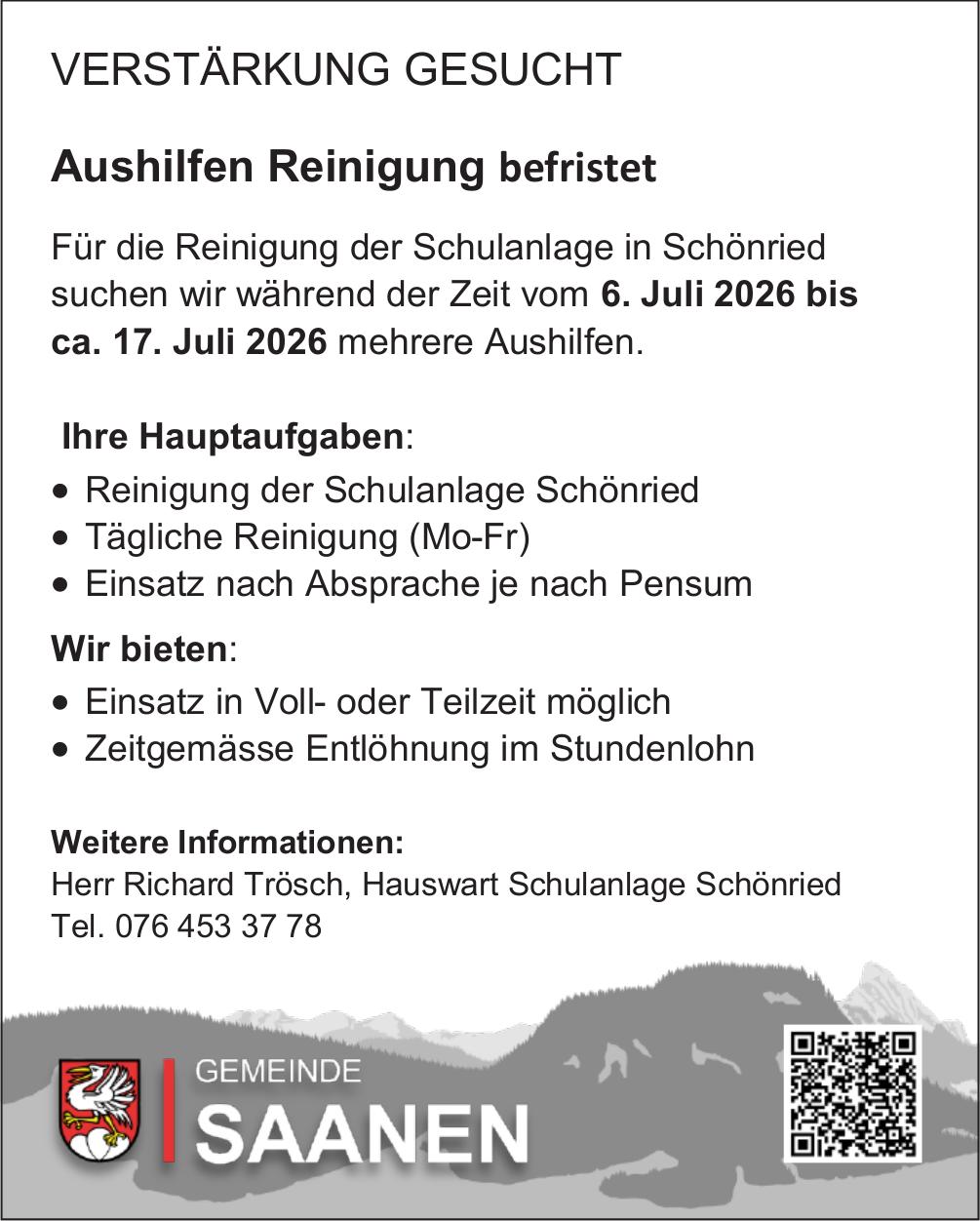 Aushilfen Reinigung befristet, Gemeinde Saanen, Gesucht