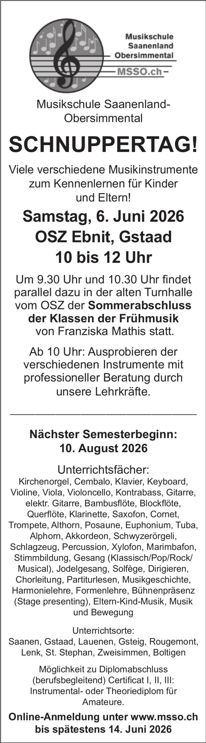SCHNUPPERTAG!, 6. Juni, OSZ Ebnit, Gstaad