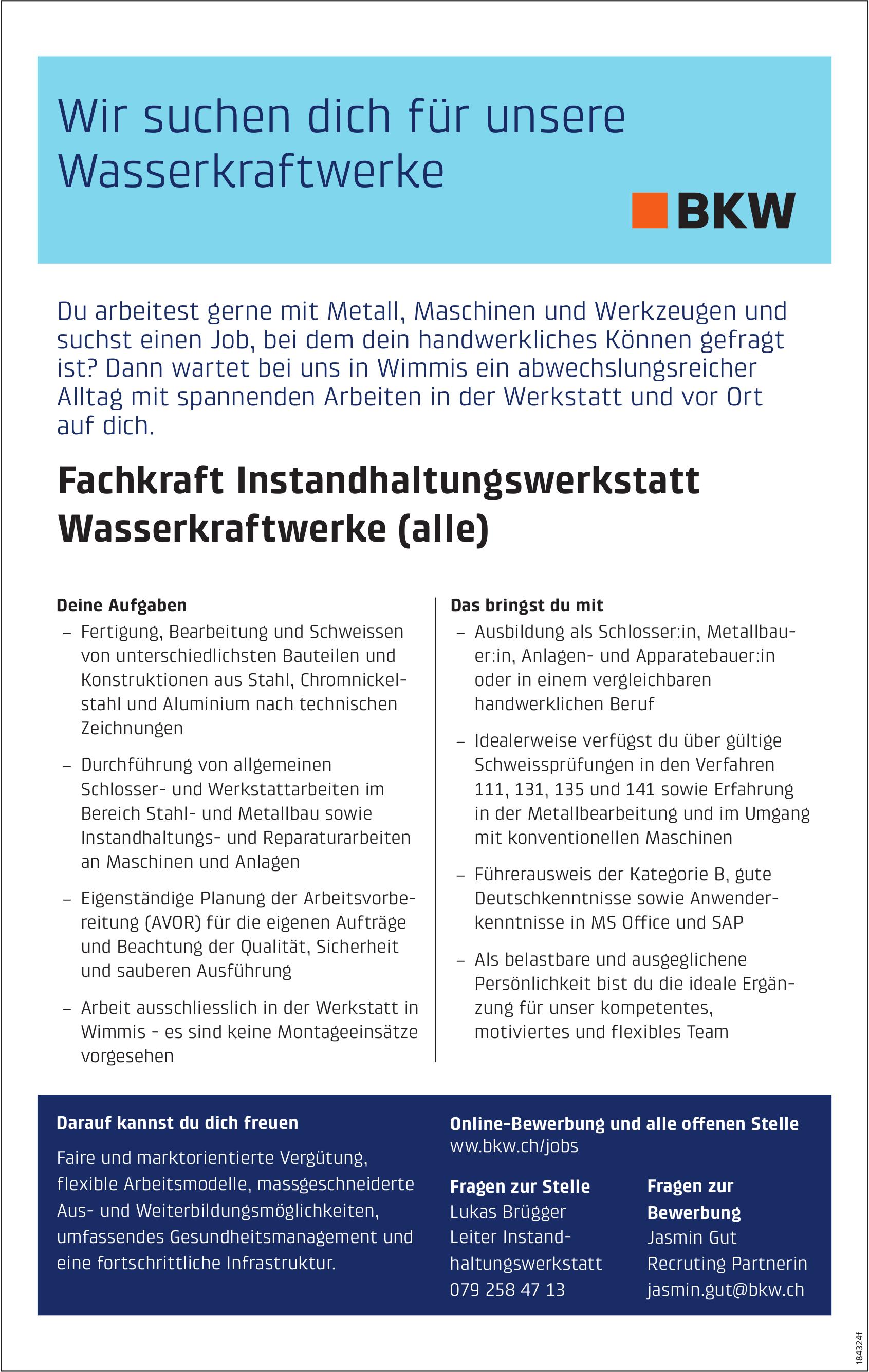 Fachkraft Instandhaltungswerkstatt Wasserkraftwerke (alle), BKW, Wimmis, gesucht