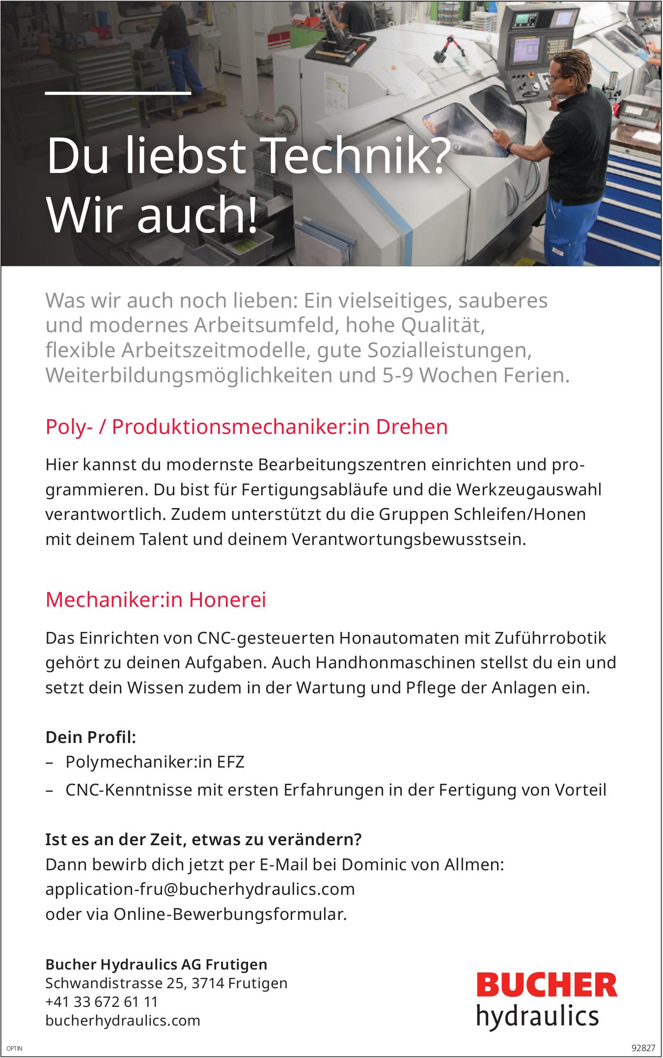Poly- / Produktionsmechaniker:in Drehen, Bucher Hydraulics AG Frutigen, Gesucht