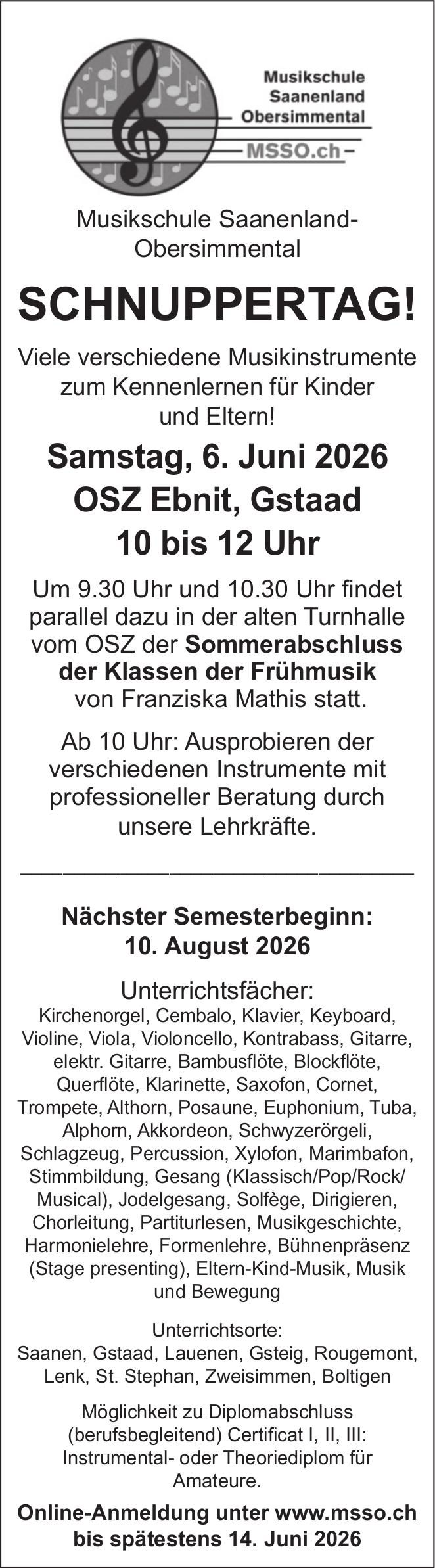 SCHNUPPERTAG!, 6. Juni, OSZ Ebnit, Gstaad