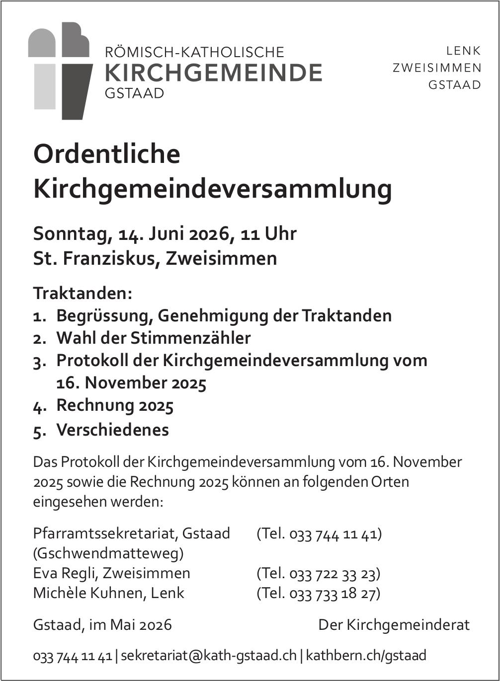 Ordentliche Kirchgemeindeversammlung, 14. Juni, St. Franziskus, Zweisimmen