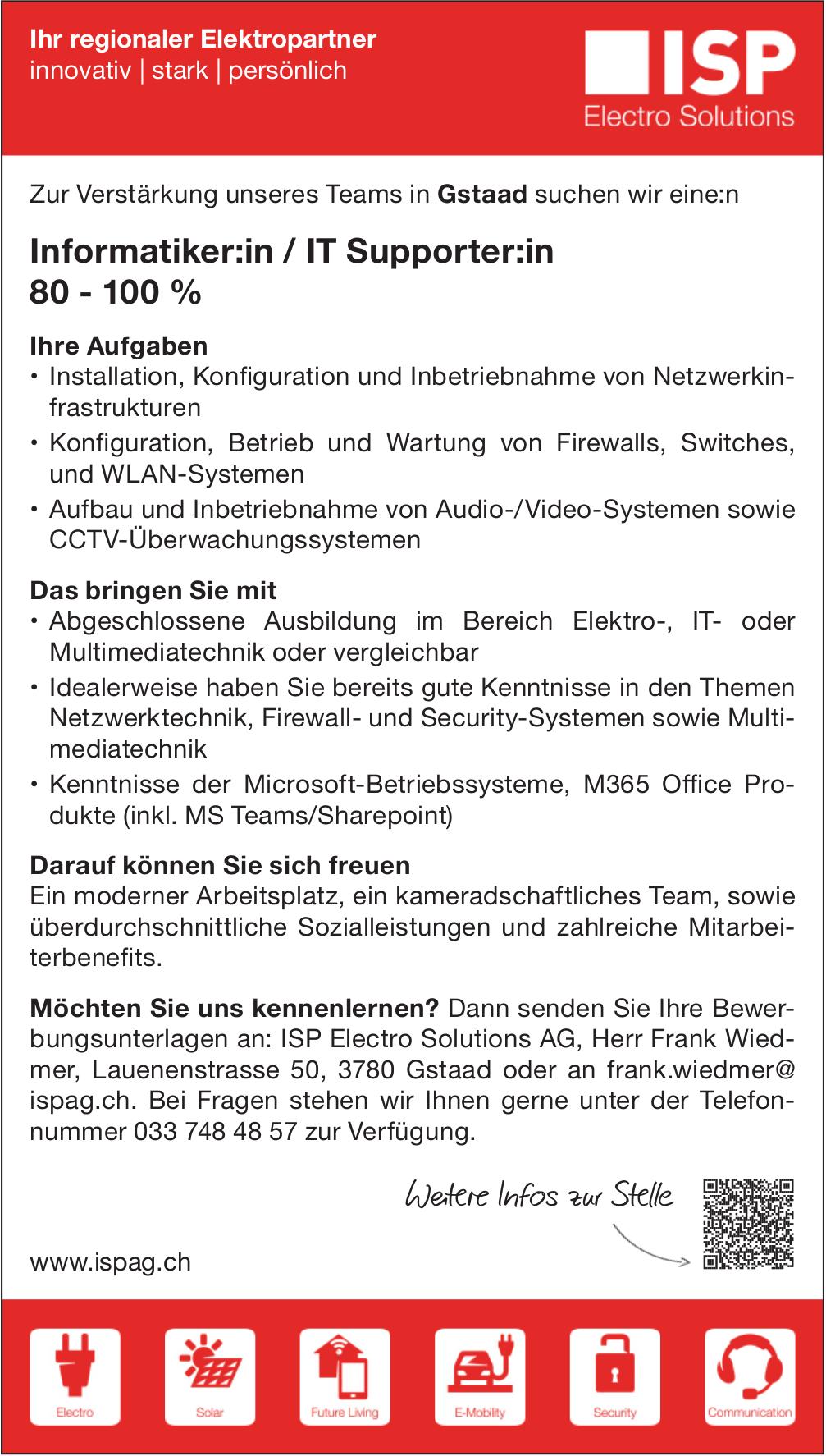 Informatiker:in/It Supporter:in 80-100 %, Ispag, Gstaad, gesucht