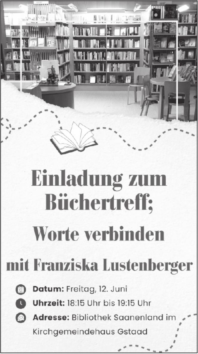 Einladung zum Büchertreff, 12. Juni, Bibliothek Saanenland im Kirchgemeindehaus Gstaad