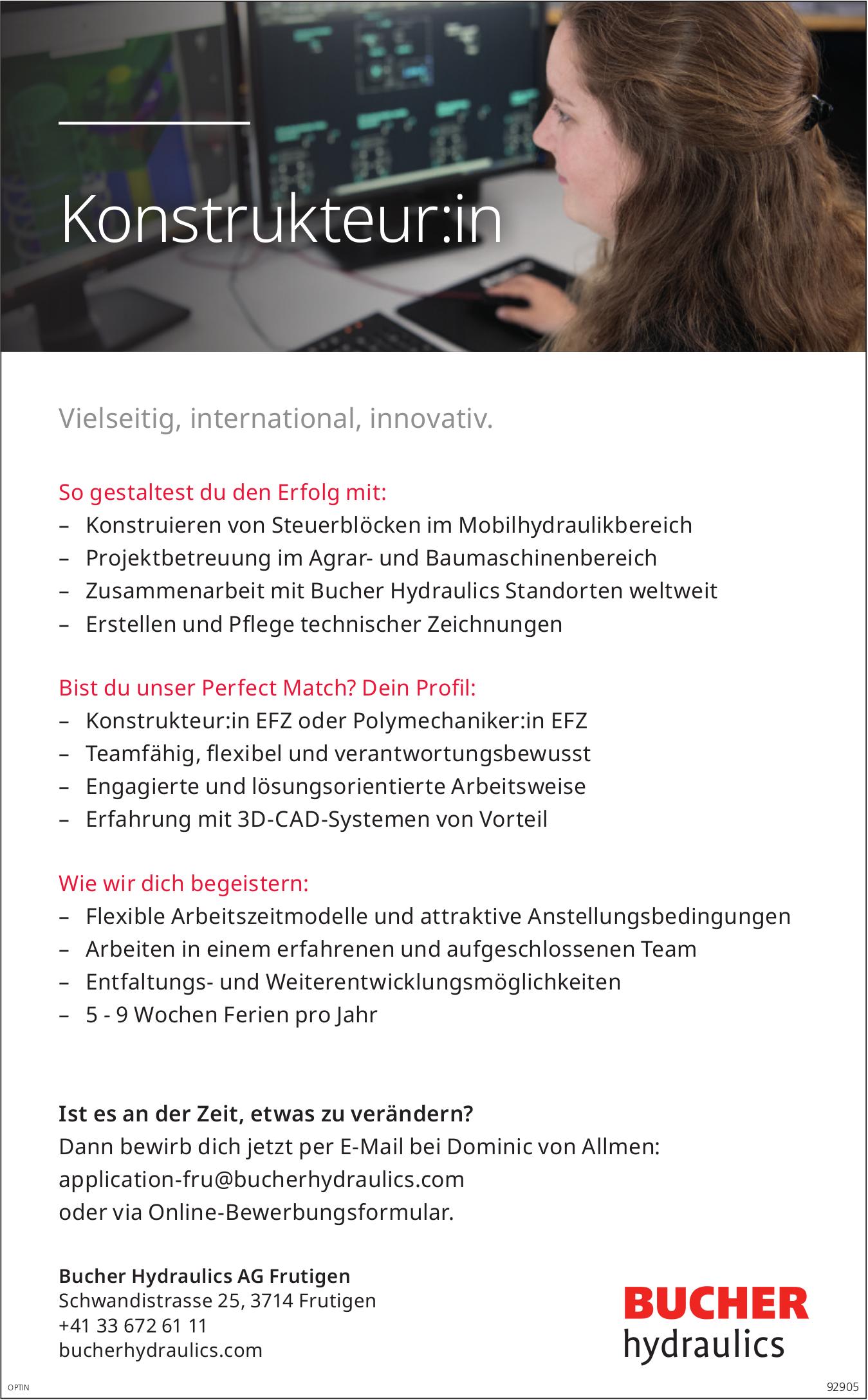 Konstrukteur:in, Bucher Hydraulics AG, Frutigen, gesucht