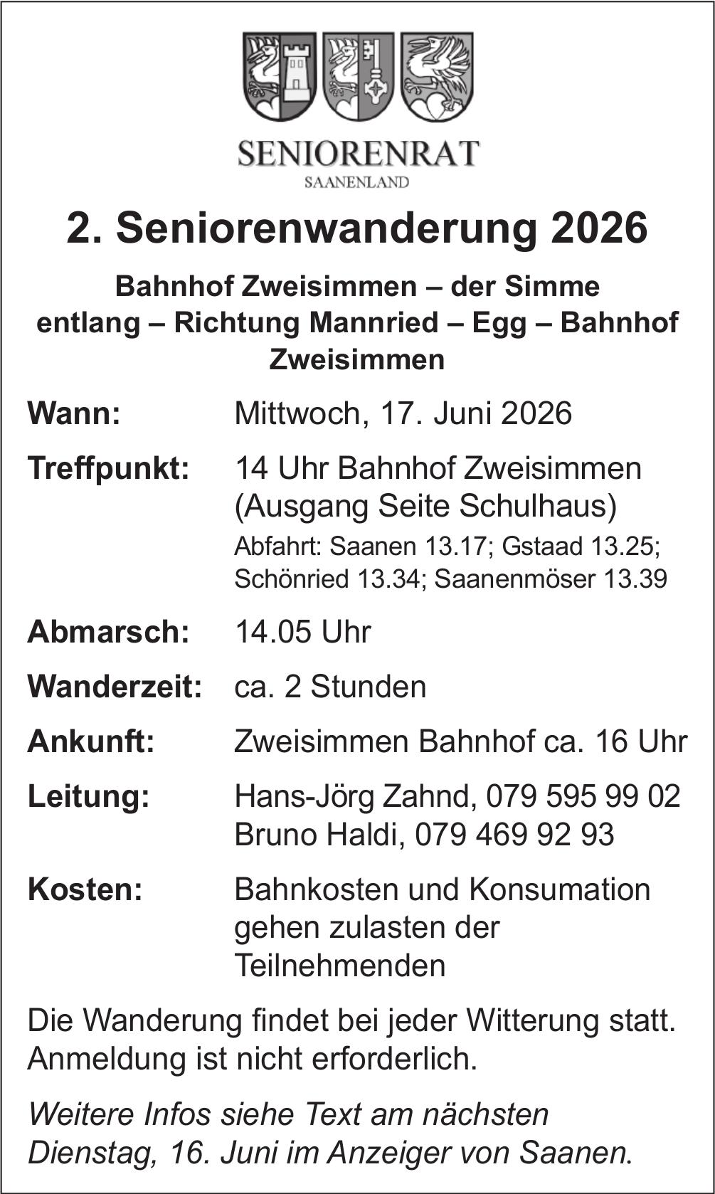 2. Seniorenwanderung 2026, 17. Juni, Bahnhof Zweisimmen