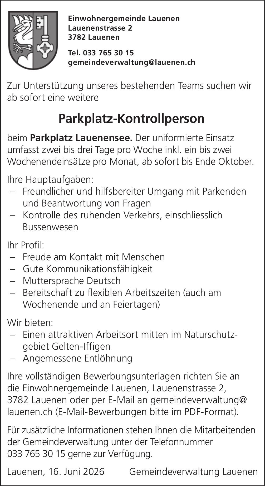 Parkplatz-Kontrollperson, Lauenen, gesucht