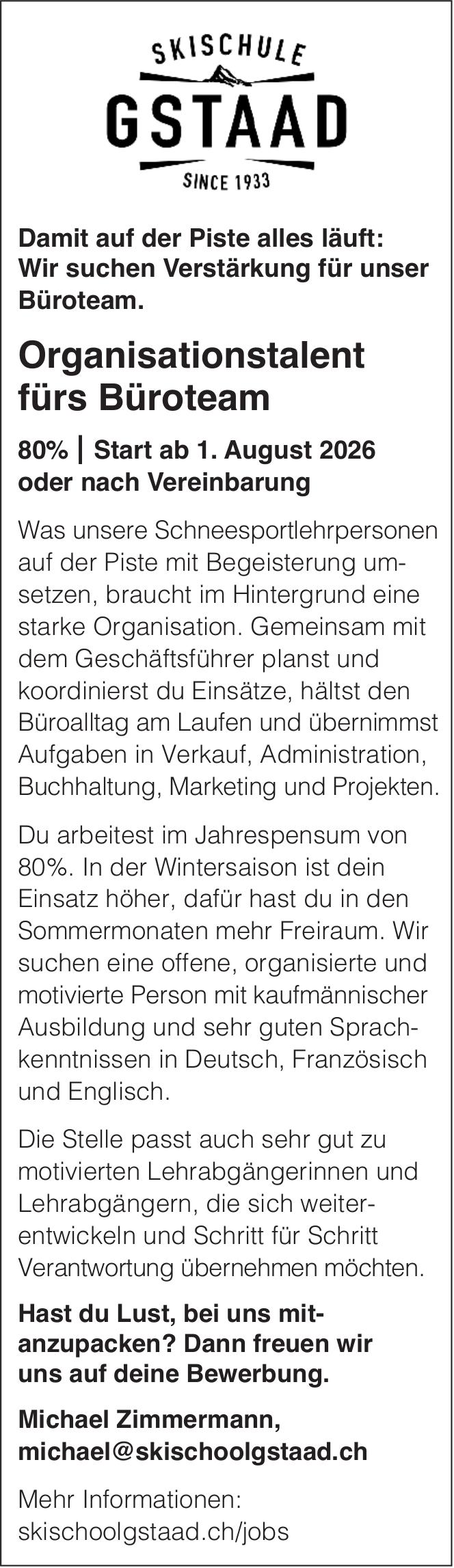 Organisationstalent fürs Büroteam, Skischule Gstaad, gesucht