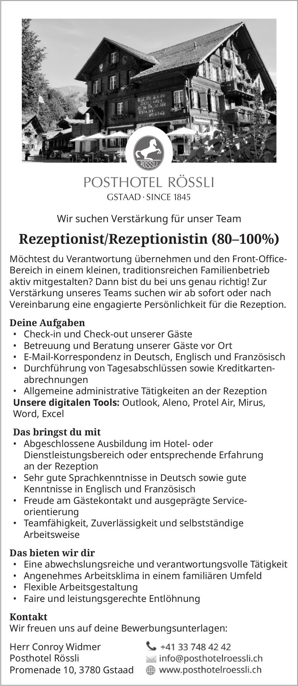 Rezeptionist/Rezeptionistin (80–100%), Posthotel Rössli, Gstaad, gesucht