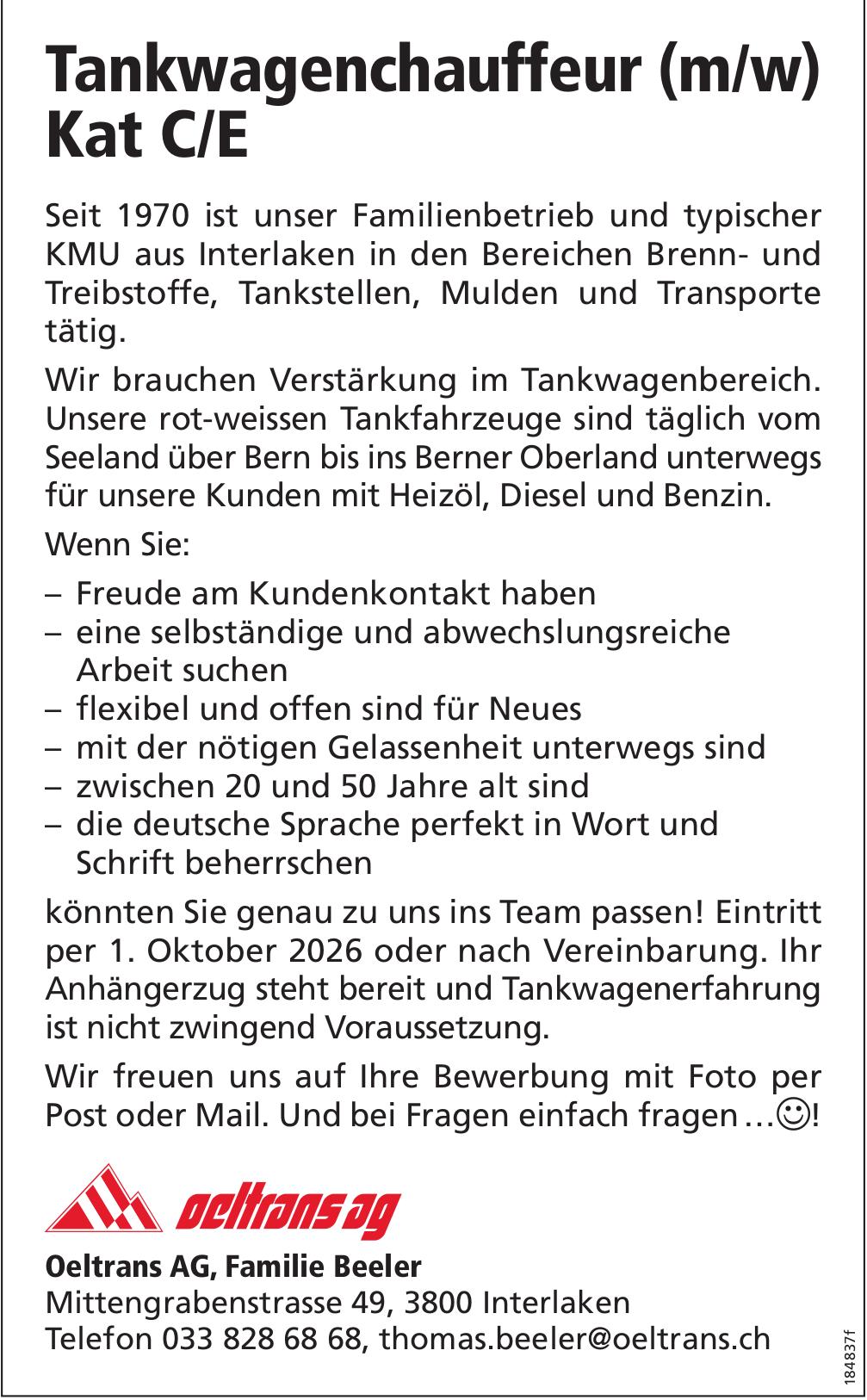 Tankwagenchauffeur (m/w) Kat C/E, Oeltrans AG, Interlaken, gesucht