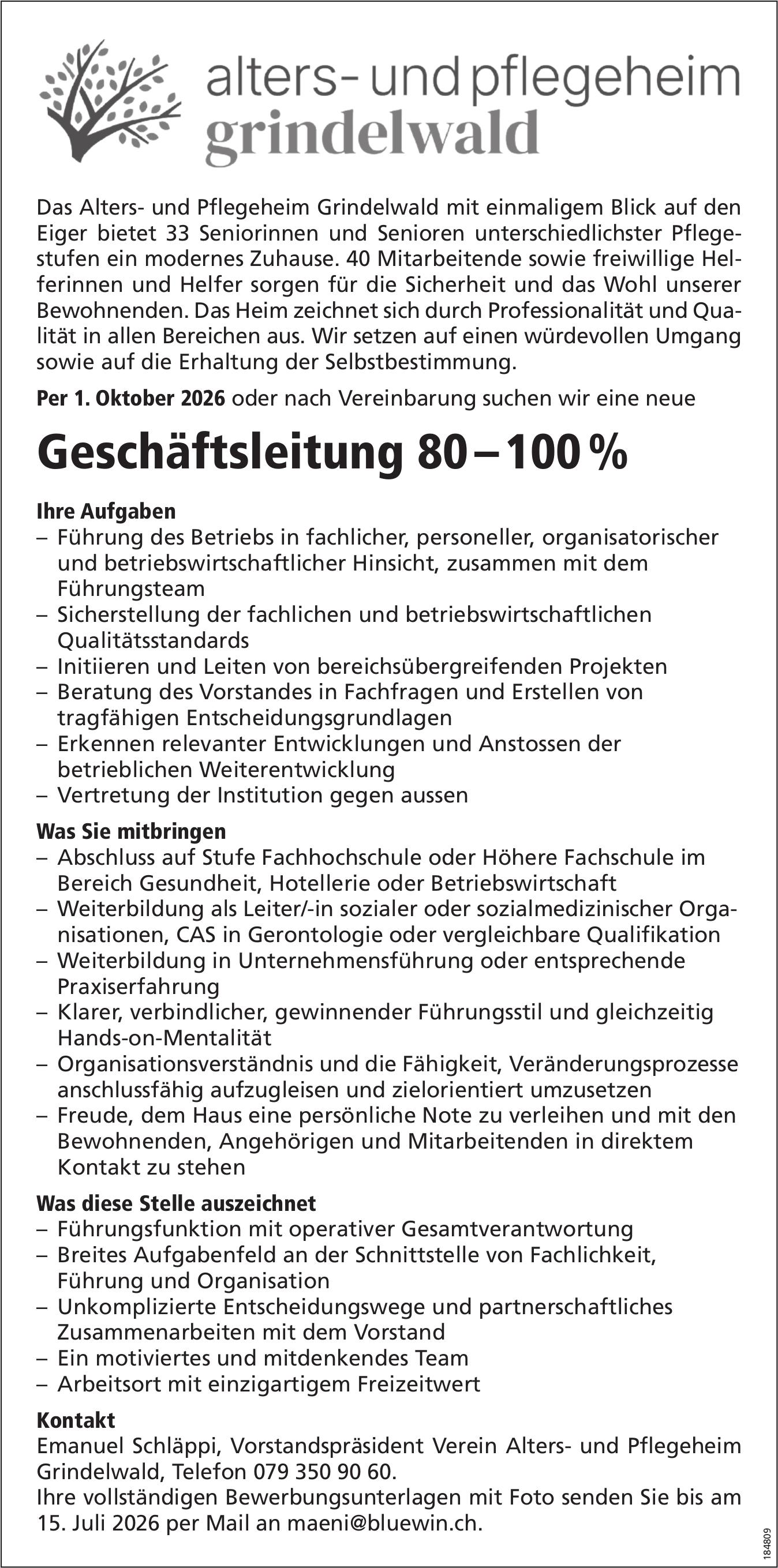 Geschäftsleitung 80 – 100 %, alters- und pflegeheim grindelwald, gesucht
