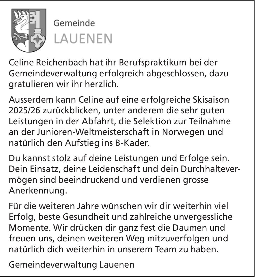 Gemeindeverwaltung Lauenen, Celine Reichenbach hat ihr Berufspraktikum bei der Gemeindeverwaltung erfolgreich abgeschlossen