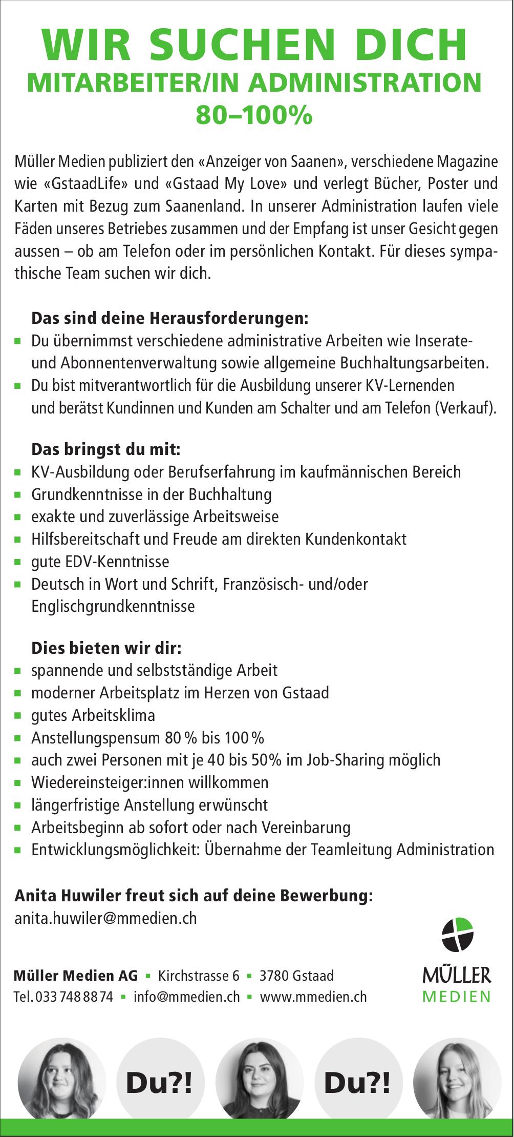 Mitarbeiter/In Administration 80–100%, Müller Medien AG, Gstaad, gesucht