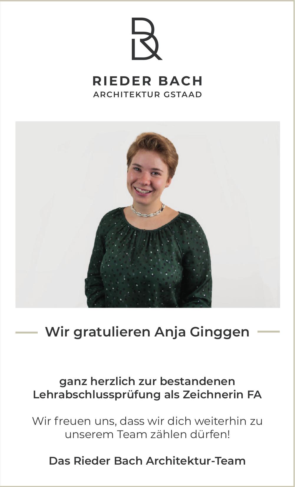 RIEDER BACH ARCHITEKTUR GSTAAD, Wir gratulieren Anja Ginggen