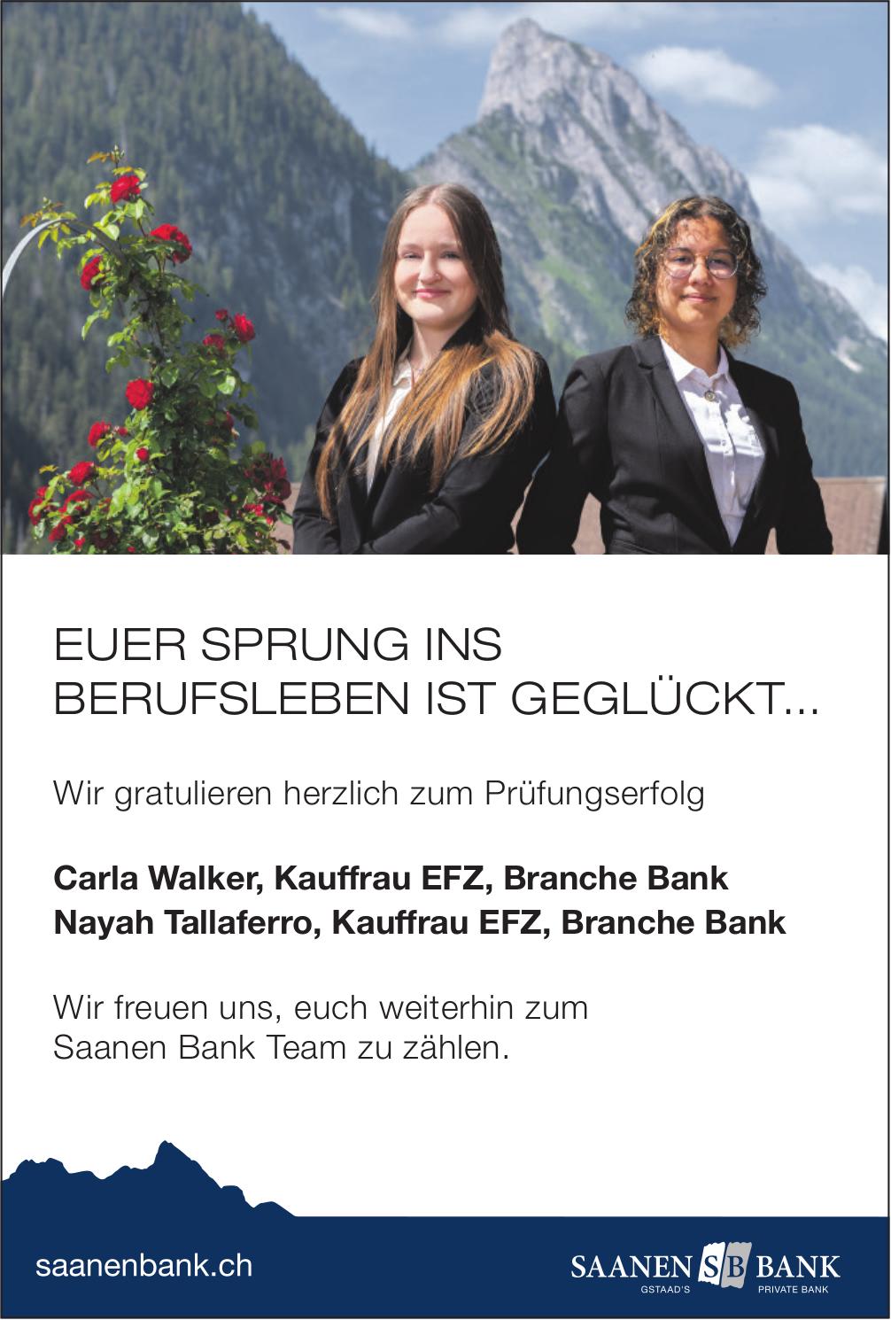 SAANEN BANK, Wir gratulieren herzlich zum Prüfungserfolg