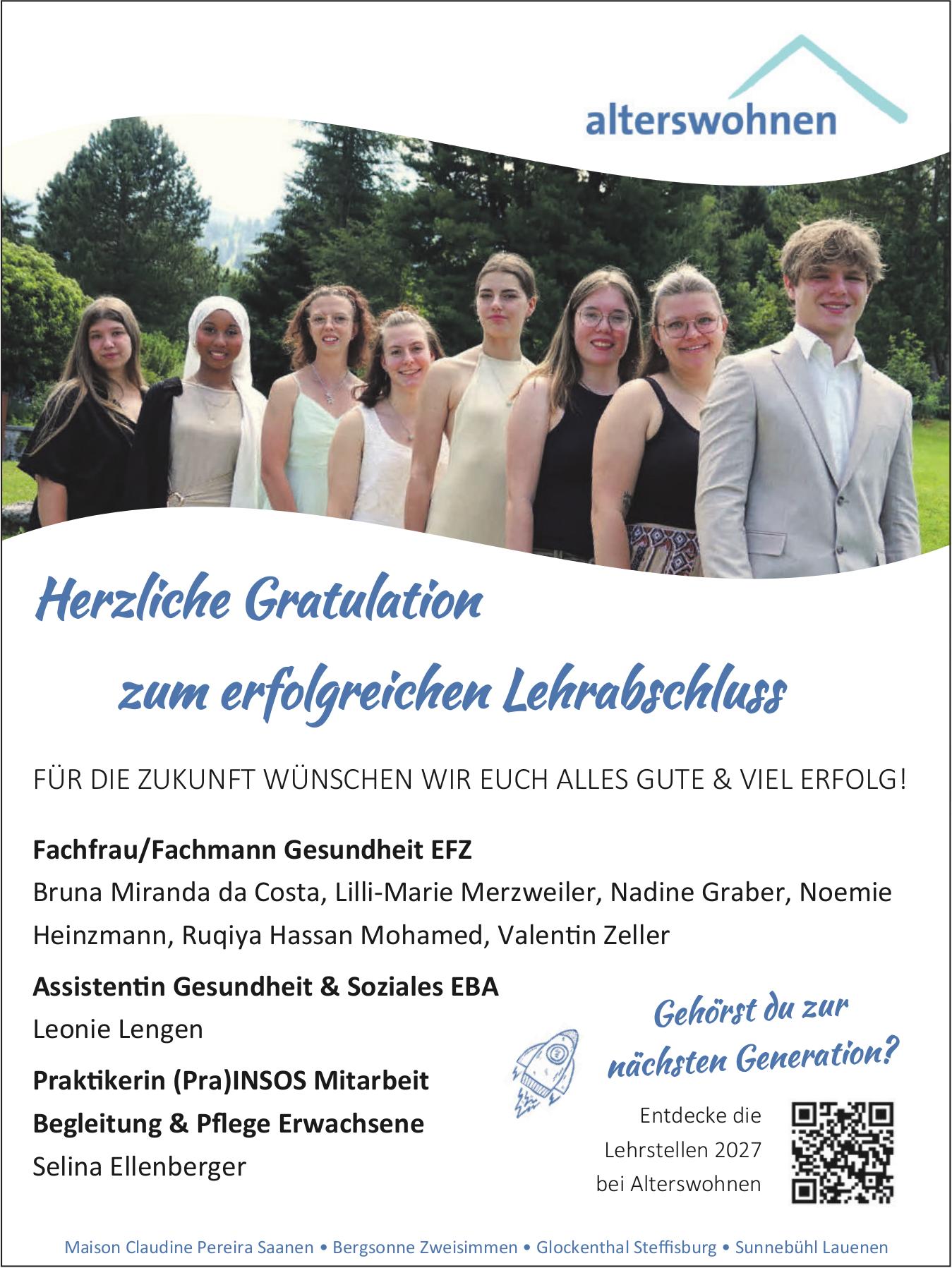 alterswohnen, Herzliche Gratulation zum erfolgreichen Lehrabschluss