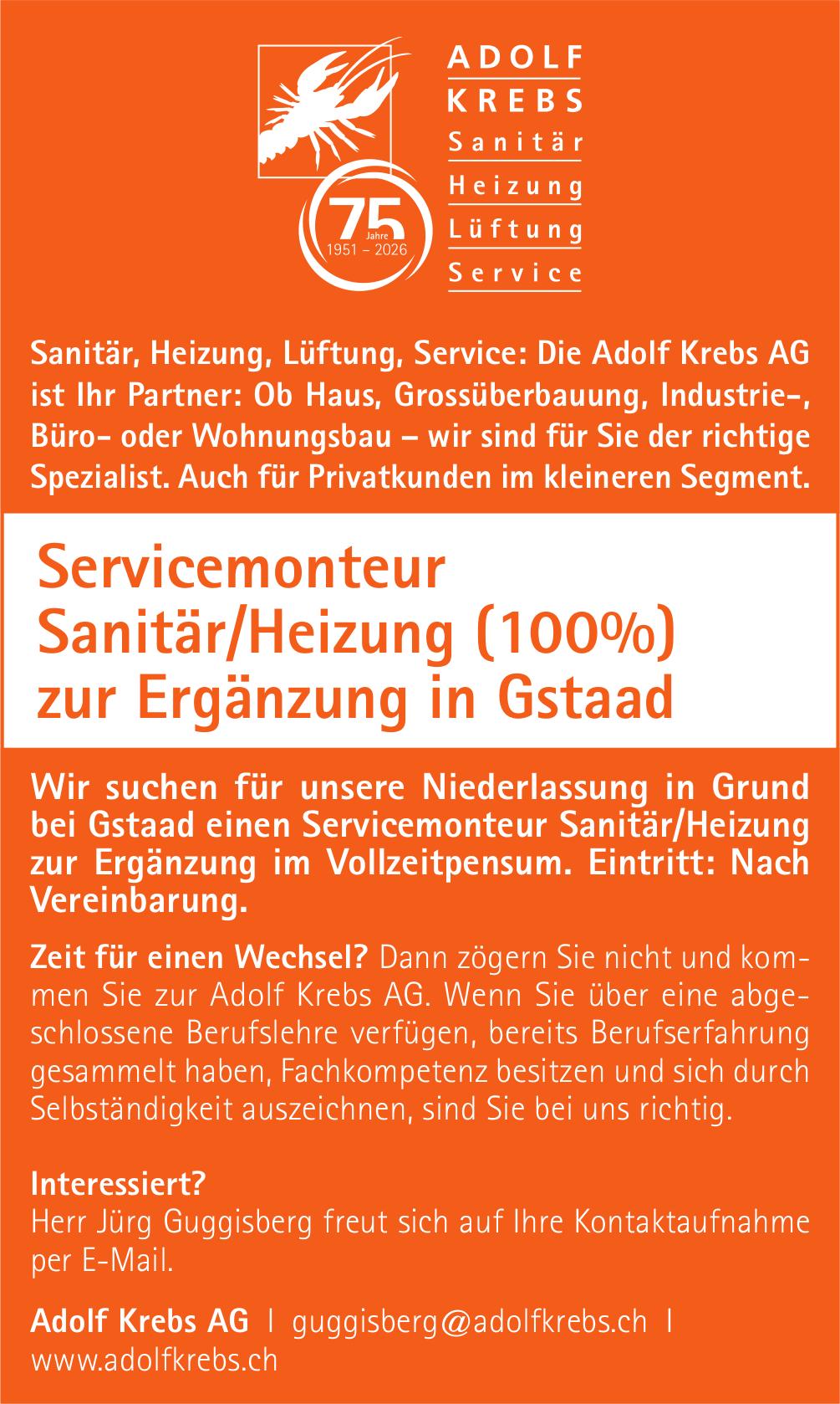 Servicemonteur Sanitär/Heizung (100%), Adolf Krebs AG, Gesucht