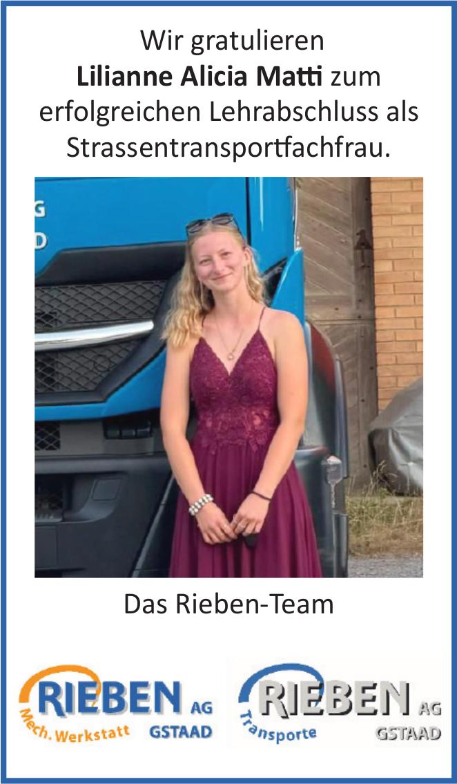 Rieben AG, Wir gratulieren Lilianne Alicia Matti zum erfolgreichen Lehrabschluss als Strassentransportfachfrau.