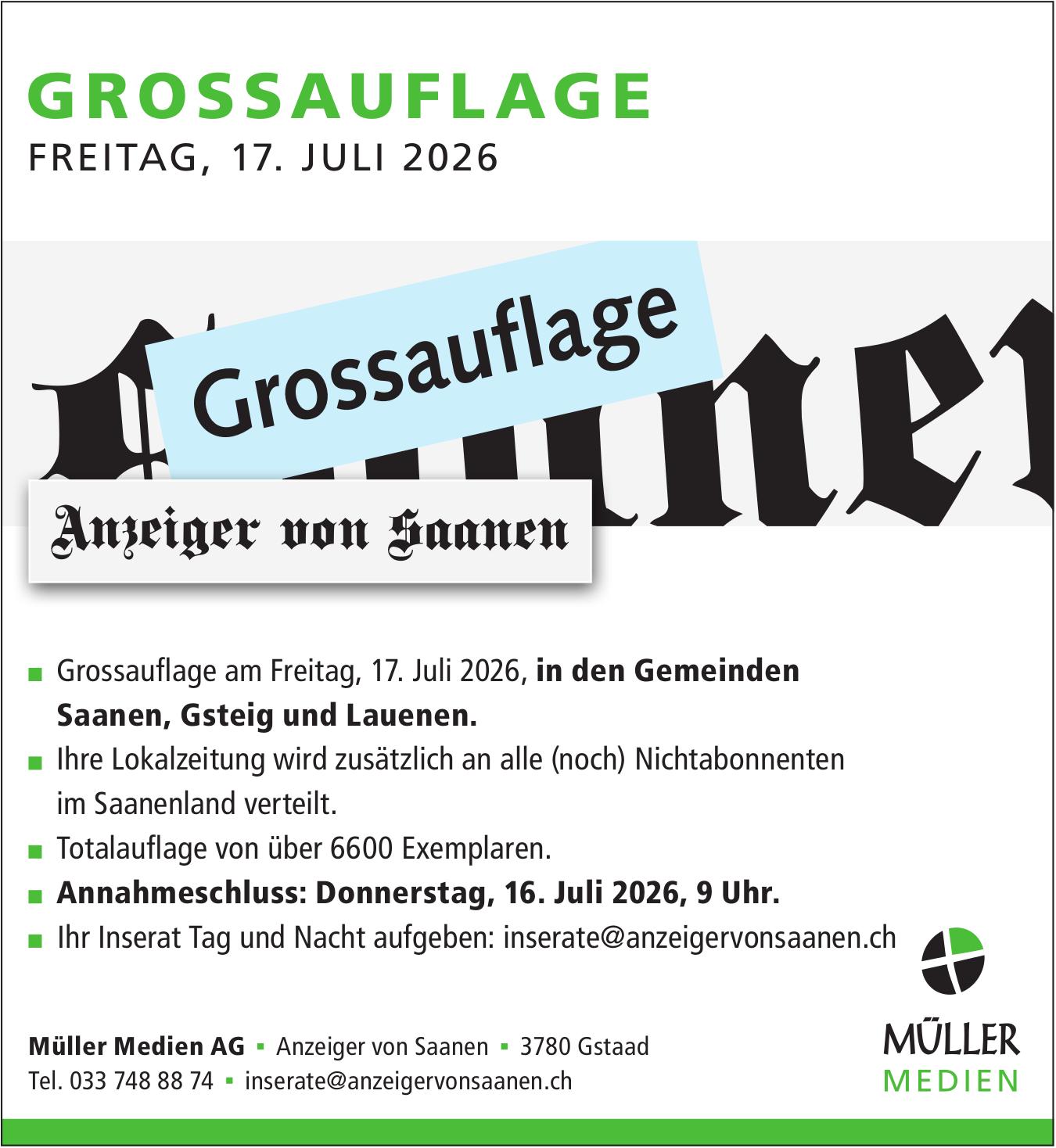 Müller Medien AG, Gstaad - GROSSAUFLAGE Freitag, 17. Juli 2026